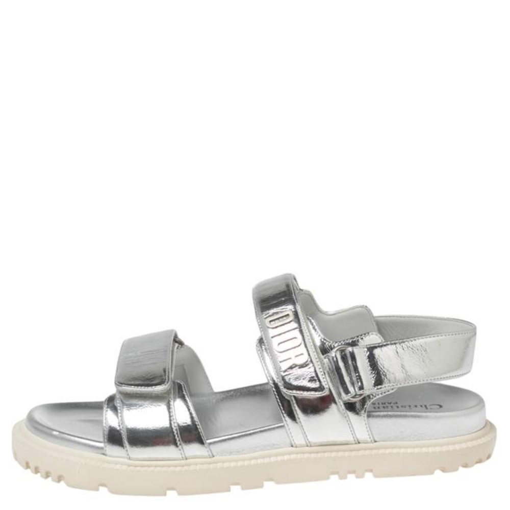 New Christian Dior Silver Leather Velcro Sandals, size 38. New without box